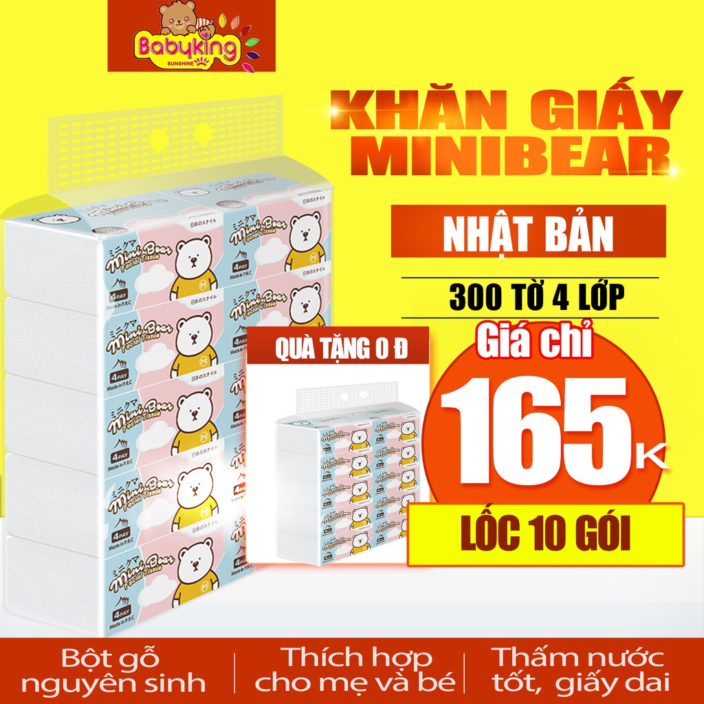 [Combo quà tặng 10 gói khăn giấy] Khăn giấy rút minibear Nhật 300 tờ 4 lớp mềm mại chất liệu thiên nhiên. babyking