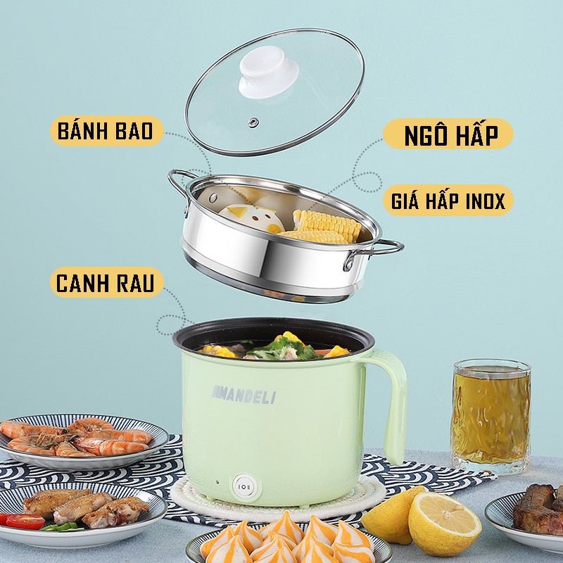 Nồi Lẩu Điện Đa Năng Mandeli, Nấu Mì, Nấu Cơm Mini 2 Nấc Nhiệt Dung Tích 1,8L Kèm Giá Hấp Tiện Lợi