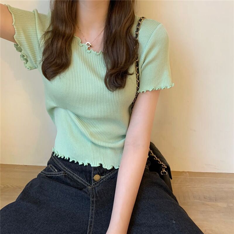 Áo thun dệt kim lụa băng tay ngắn vừa vặn viền nhún bèo thời trang cho nữ