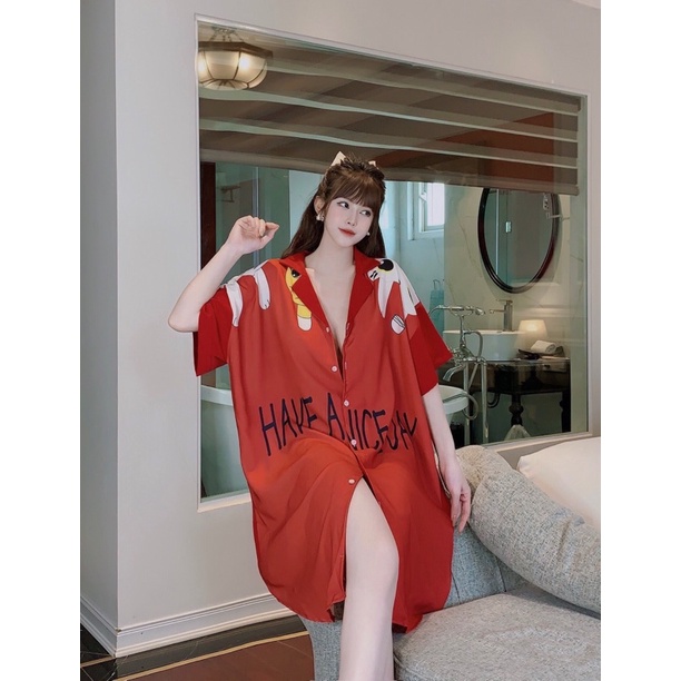 Đầm váy ngủ mặc nhà Lụa phom rộng cổ sơ mi cao cấp (mẹ bầu | sau sinh bon chen thoải mái) dưới 72kg