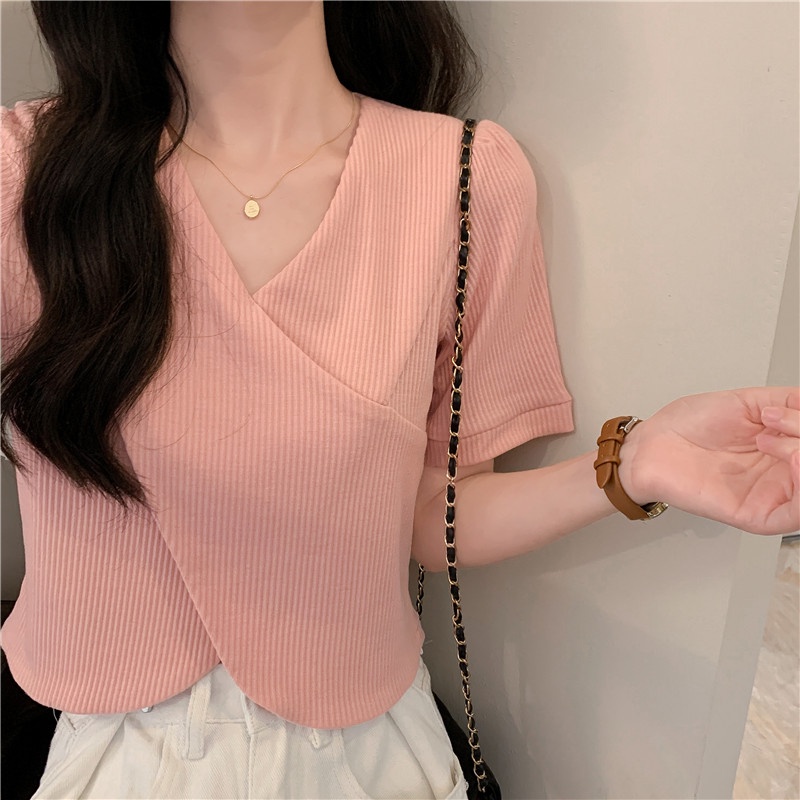 SUXI Áo Tay Ngắn Cổ Chữ V Màu Sắc Đơn Giản Thời Trang Mùa Hè Dành Cho Nữ