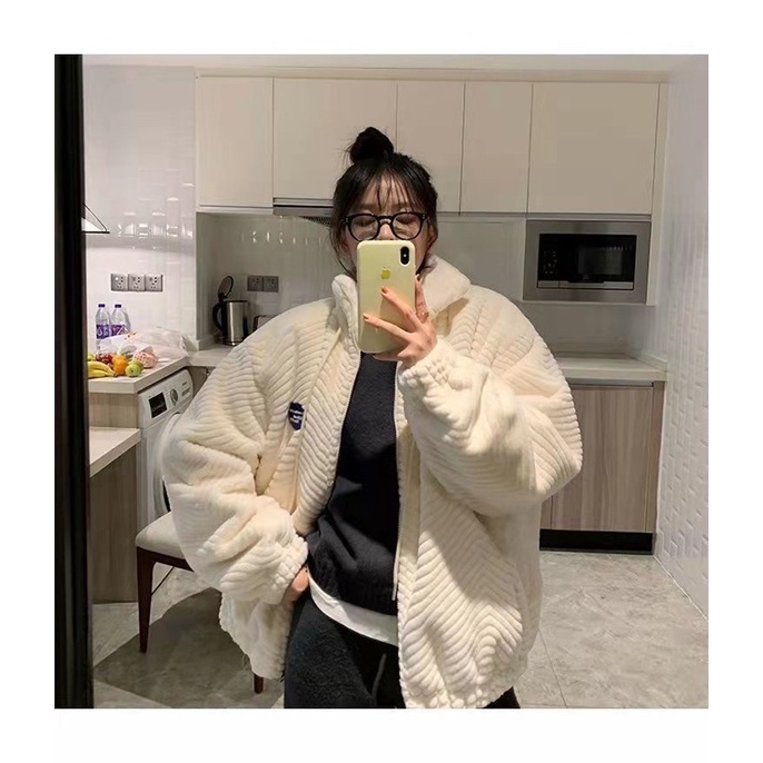 Áo khoác lông thỏ thiết kế nổi vân CÓ LOGO áo siêm mềm mịn siêu ấm có dây mới nhất | BigBuy360 - bigbuy360.vn