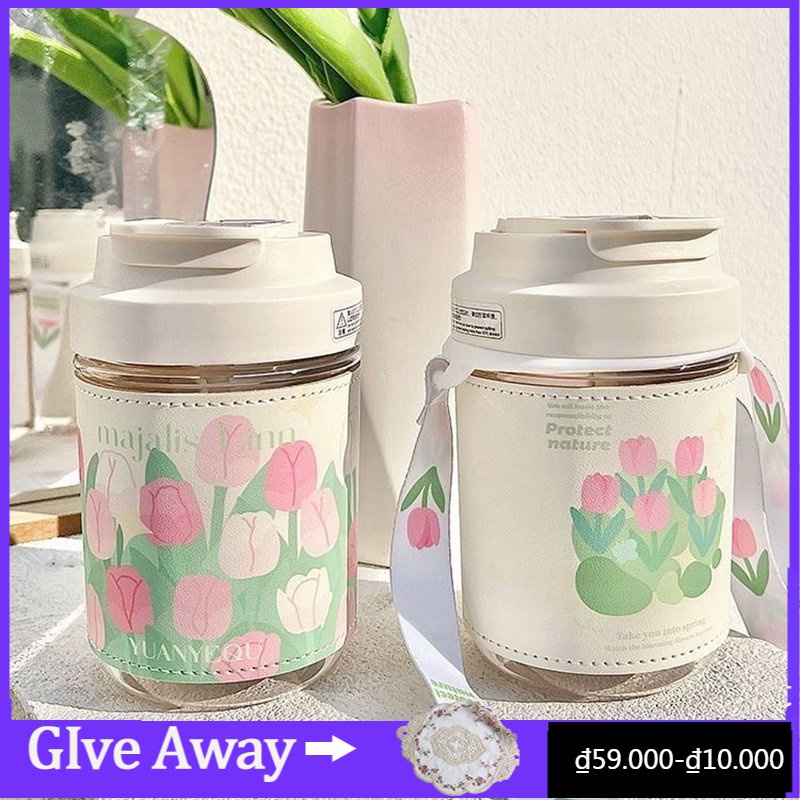 Bình Nước Thủy Tinh Dung Tích Lớn 400/500ML Họa Tiết Hoa Tulip Dễ Thương