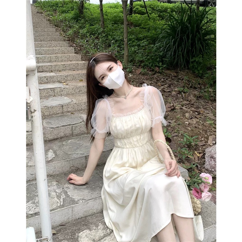 Váy đầm tiểu thư trắng be bo ngực tay lưới ngắn dáng dài ngọt ngào phong cách Hàn Quốc