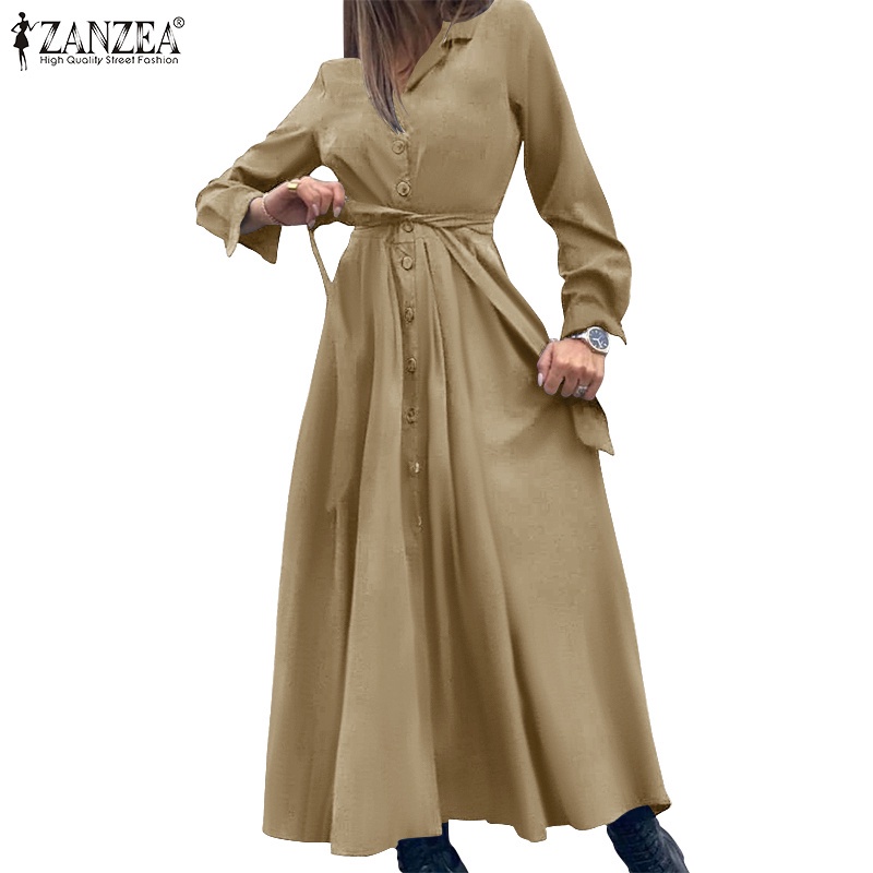 Đầm ZANZEA cổ áo gập xuống tay dài có dây thắt lưng và nút cài thời trang cho nữ