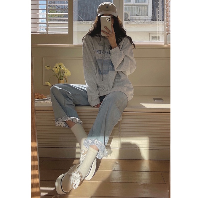 Áo hoodie tay dài dáng rộng màu xám thời trang phong cách Hàn Quốc cho nữ | BigBuy360 - bigbuy360.vn