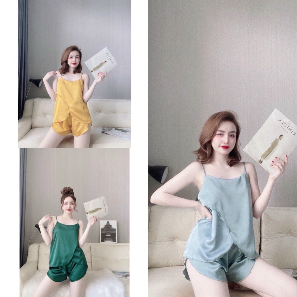 Set đồ ngủ lụa quần đùi áo 2 dây tà áo cách điệu cao cấp xinh xinh 🍄Đồ mặc nhà freesize 🍄
