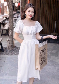Đầm trắng cổ U bo eo form dài (kèm hình thật)