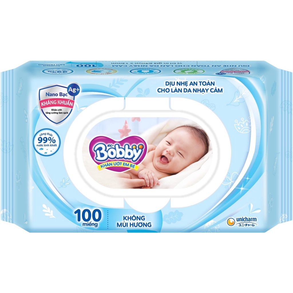 [Mã FMCG80 giảm 10% đơn từ 400K] [MKB Gift] Khăn Ướt Bobby Không Mùi 100 Miếng (Xanh)