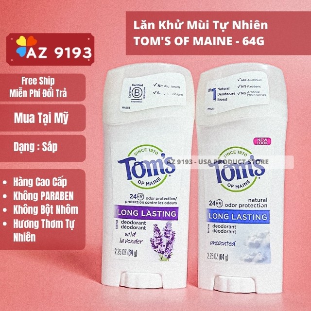 Lăn Khử Mùi Nữ TOM'S OF MAINE, 64g, Sáp Trong, Dành Cho Da Nhạy Cảm, Sáp 64g - Hương Tự Nhiên, Không Bột Nhôm - Az 9193