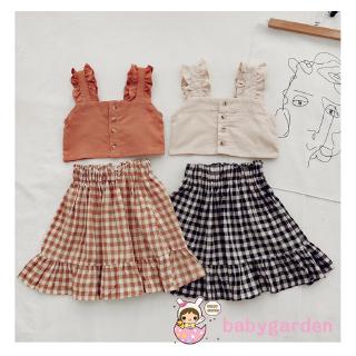 Set Áo Trễ Vai Nhún Bèo + Chân Váy Kẻ Ca Rô Cho Bé Gái