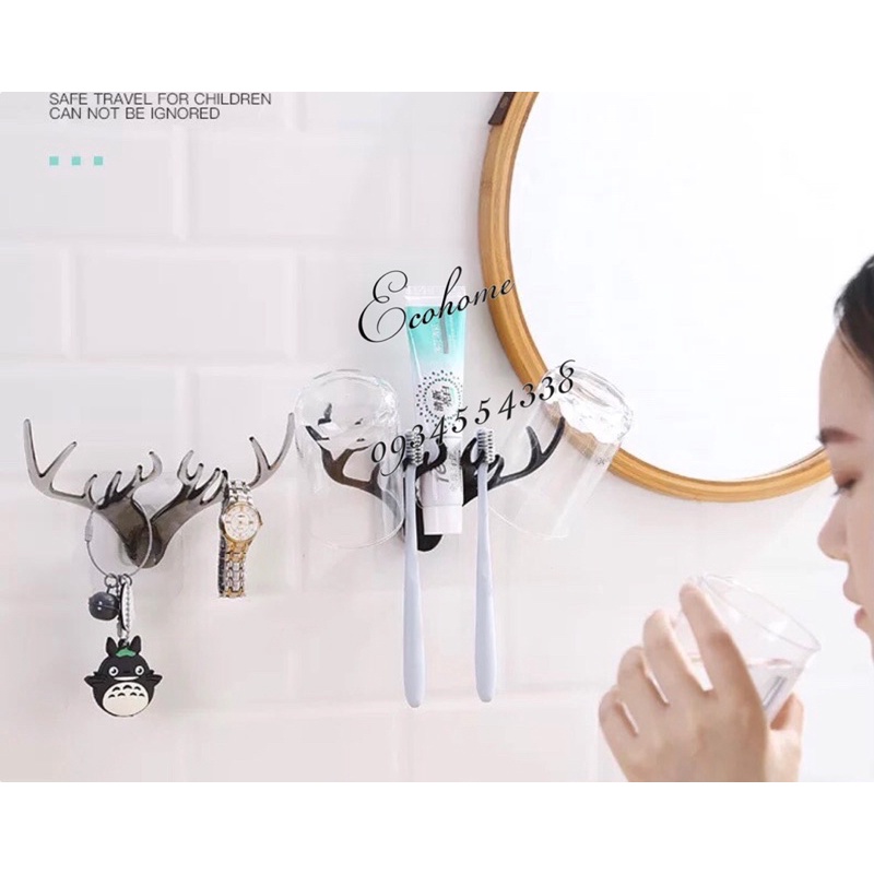 Ecohome Móc treo chìa khoá cặp sừng hươu chắc chắn bằng đế dán không cần khoan tường