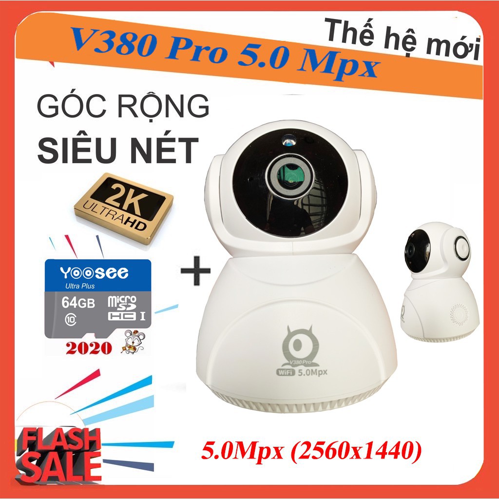Camera V380 PRO 5.0Mpx Q8HD xoay quay theo chuyển động độ phân giải 2536×1920 kèm thẻ 64GB | BigBuy360 - bigbuy360.vn