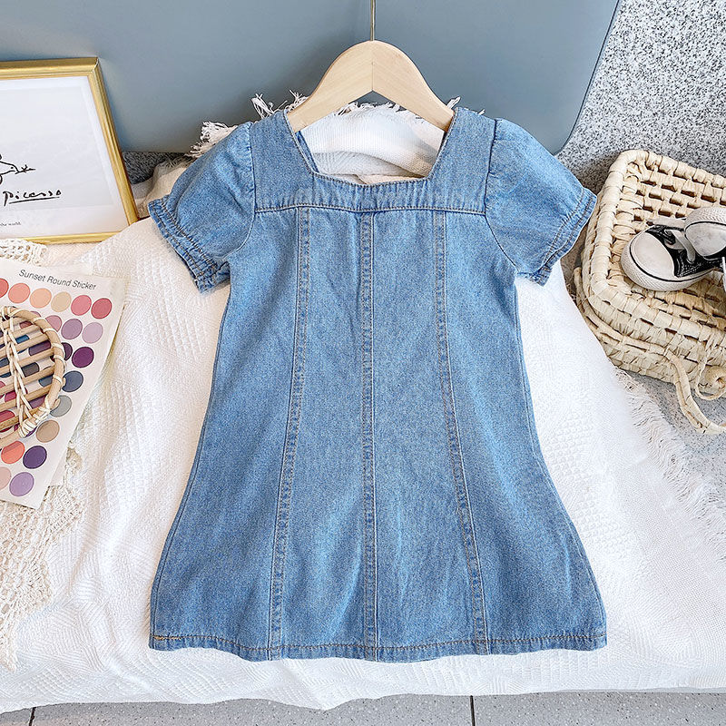 Đầm Denim Tay Phồng Phong Cách Hàn Quốc Thời Trang Mùa Hè Xinh Xắn Cho Bé Gái