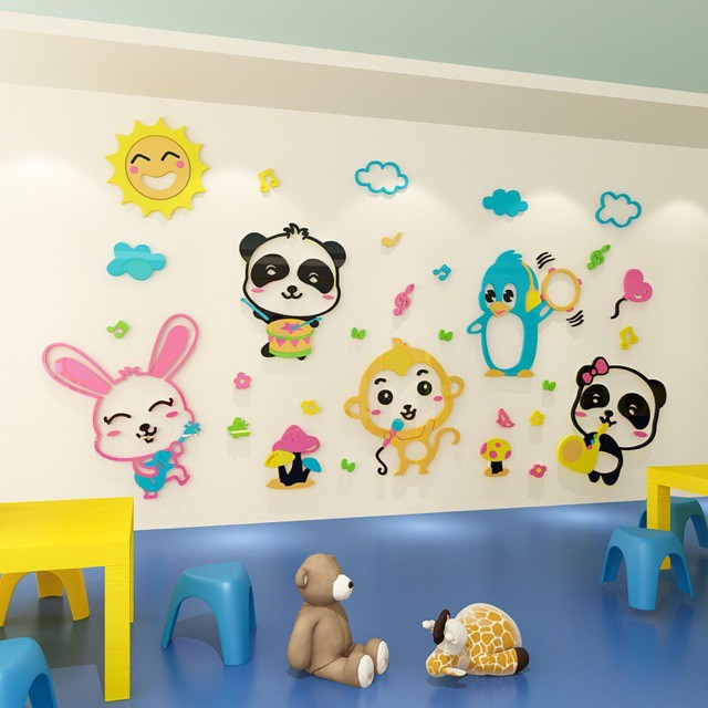 Tranh dán tường cho bé 3d, Tranh mica 3D - Ban nhạc động vật, trang trí mầm non, trang trí khu vui chơi trẻ em