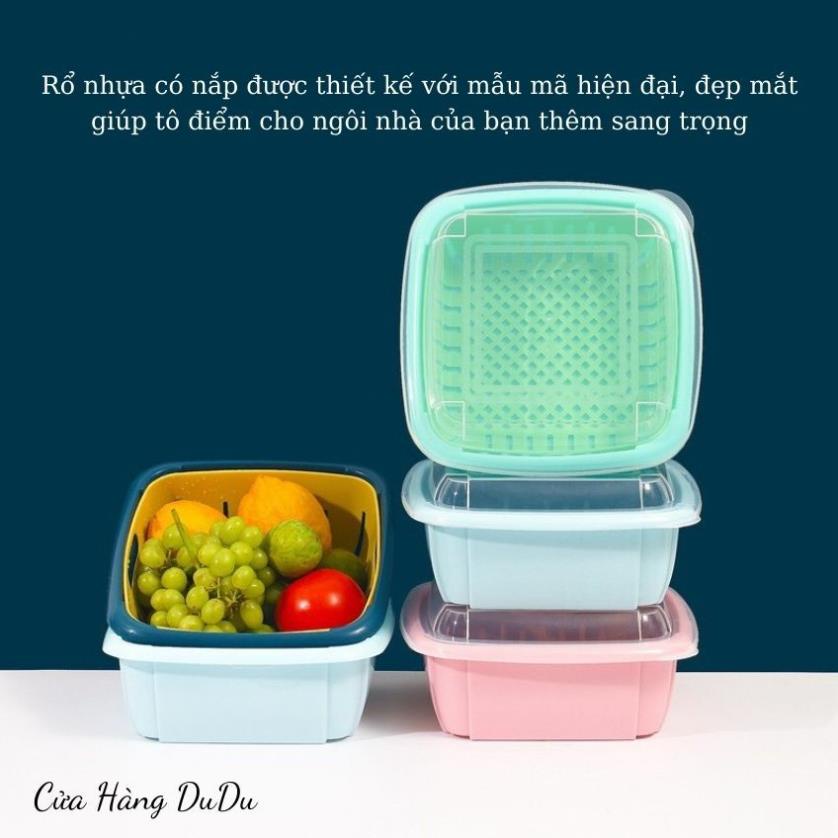 Bộ Rổ Nhựa Kèm Chậu Đựng Rau Trái Cây Có Nắp Đậy Kèm Lỗ Thoát Nước 3 Trong 1 Đa Năng