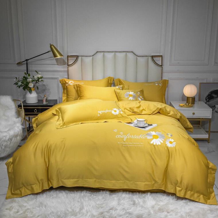 Bộ Ga Gối 4 Món Thuong Hiệu 🌸BEAR🌸 Lụa Thêu HOA CÚC MÀU XANH THAN. Sang Trọng Tinh Tế. Hàng Nhập. | BigBuy360 - bigbuy360.vn