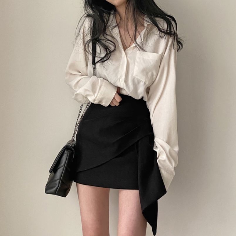 Bộ đồ mùa xuân và thu 2021 SEOUL Áo sơ mi lười giản dị sang trọng kiểu Hàn Quốc + váy liền thân thời trang hai mảnh