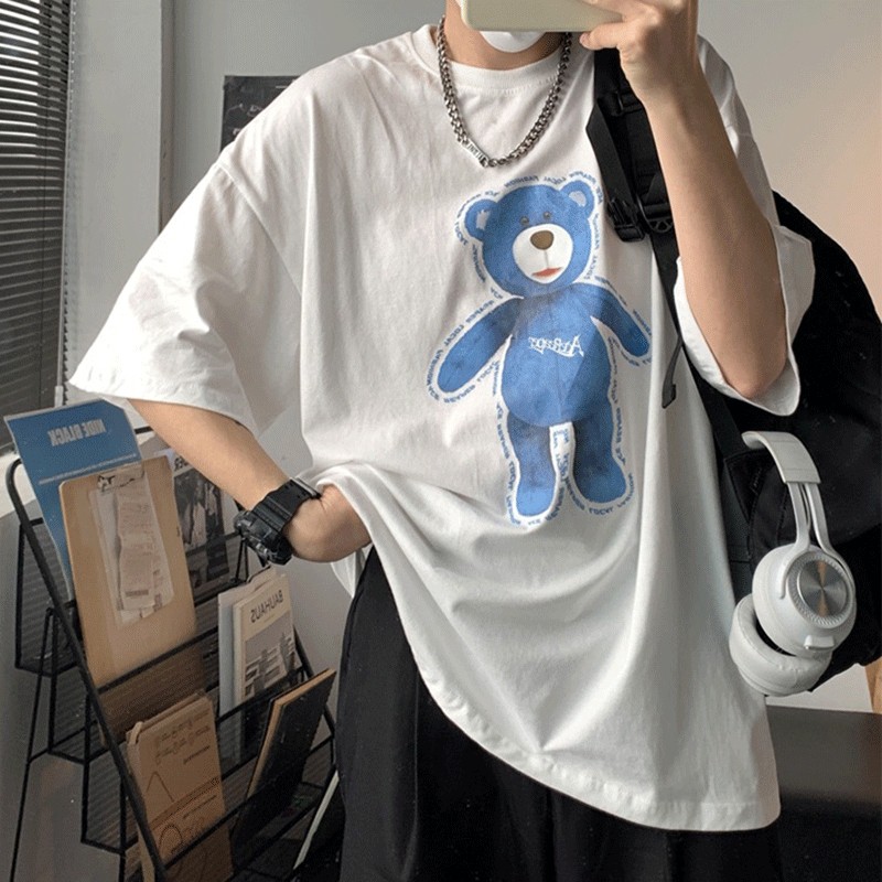 Áo thun tay lỡ nam nữ, áo phông unisex form rộng chất cotton mát mịn thấm hút mồ hôi in hình GẤU XANH