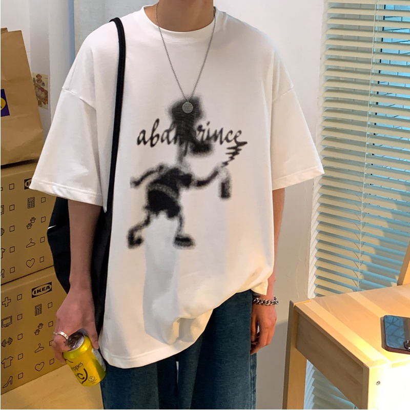 【COD】 Short Sleeve T-shirt Summer Korean Version High Fashion Round Neck Loose Hong Kong Style Print Graffiti Tee Men And Women 3 Colors M-5XL