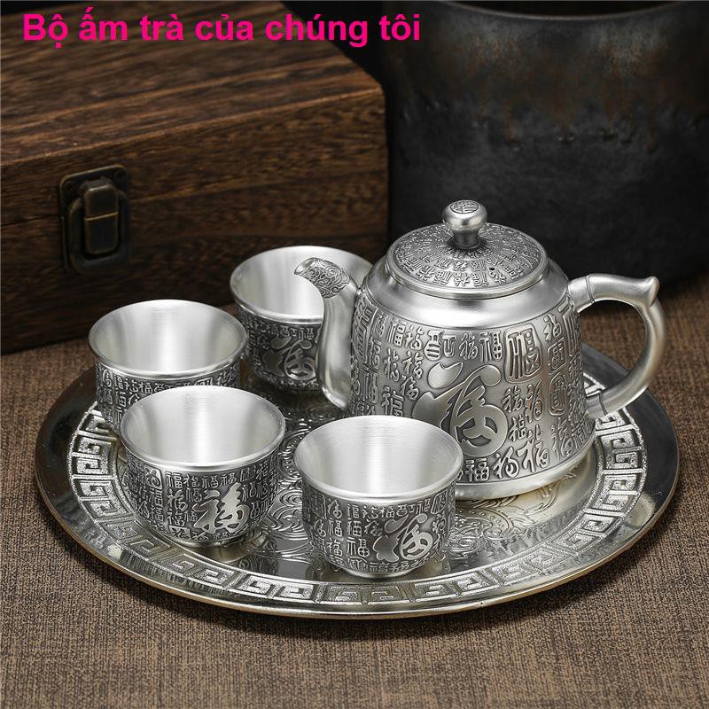 nhà cửa đời sốngBộ ấm trà bạc Baifu 999 sterling phong cách Trung Quốc 1 khay bình 6 chén Longteng retro để gửi qu