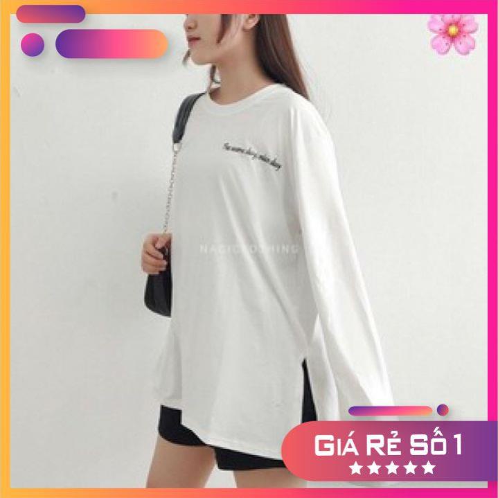 Áo Thun Tay Dài NICEDAY Form Rộng Nữ - Thun Trơn Cổ Tròn Oversize Dáng Suông Thêu Chữ Trắng Đen Ulzzang HOT ྇