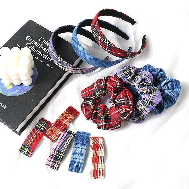 Bộ băng đô cài tóc + dây buộc tóc + kẹp tóc/ Bộ dây buộc tóc + kẹp tóc CHLINS họa tiết sọc ca rô xinh xắn cho nữ