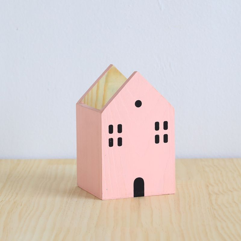 love* House Shape Wooden Pencil Pen Holder Desktop Organizer Container Stationery Pot