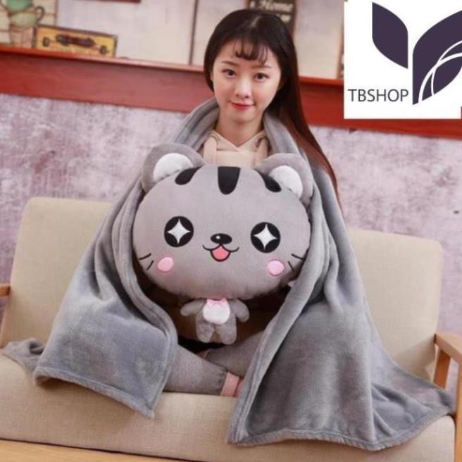 Bộ chăn gối văn phòng 3 in 1 Totoro vuông màu xám có thể mang đi du lịch tiện lợi