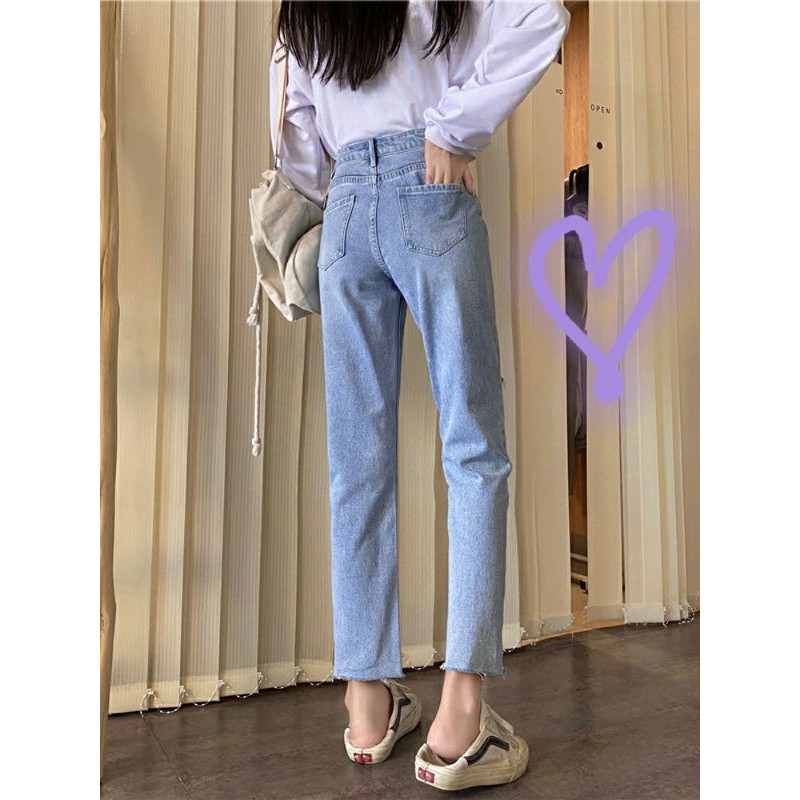 Quần slim baggy jean🔝 FREESHIP🔝Baggy Jean  ống suông xanh rách gấu đùi kiểu lưng cao ulzzang quảng châu kèm ảnh thật