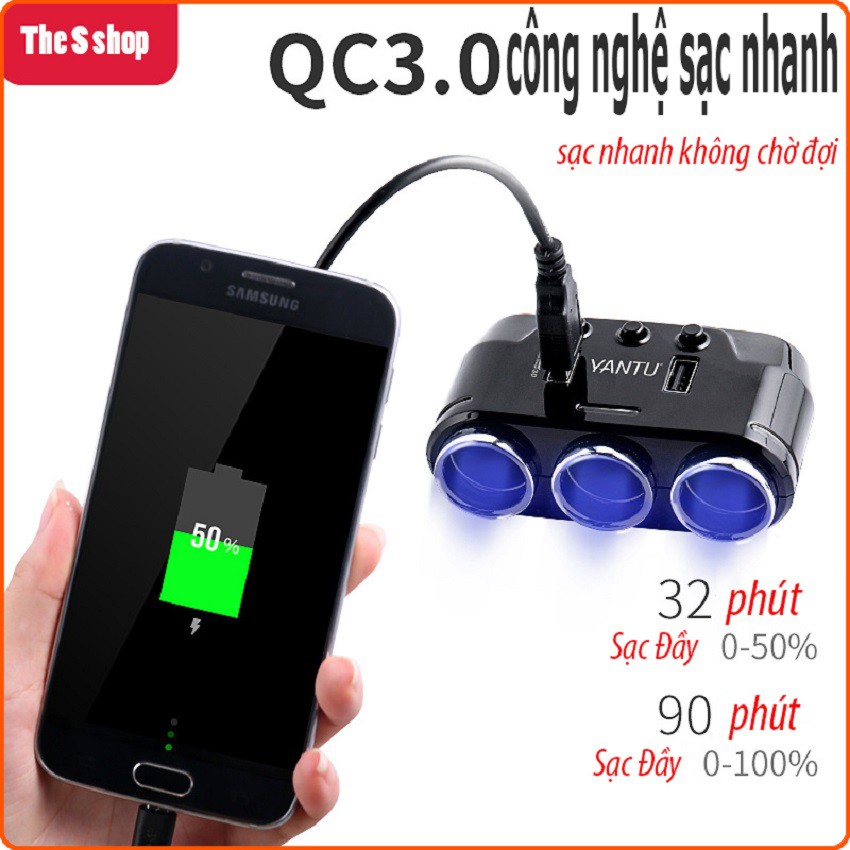 Bộ chia tẩu sạc ô tô, xe hơi cao cấp 3 tẩu - 2 cổng USB sạc nhanh YANTU- có công tắc linh hoạt, tặng cầu - gaboghili6