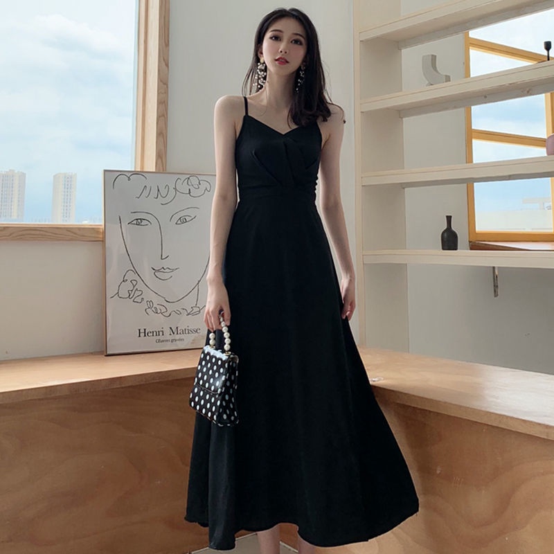 Đầm Hai Dây Dáng Chữ A Màu Đen Thời Trang Mùa Hè Phong Cách Hàn Quốc Cho Nữ