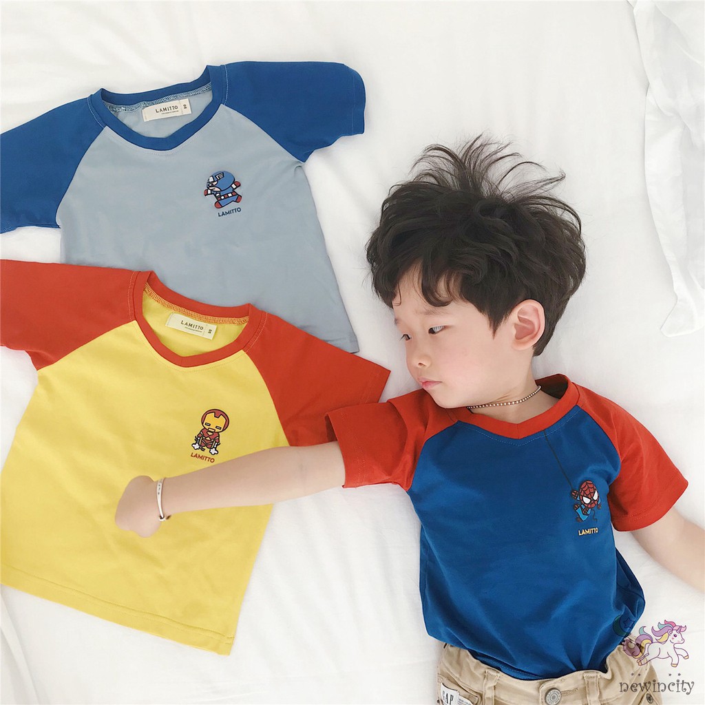 Áo thun cổ tròn ngắn tay in họa tiết hoạt hình dành cho bé trai và bé gái
