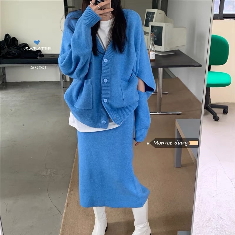 Set áo cardigan len + chân váy dài thiết kế mới thu đông 2021.