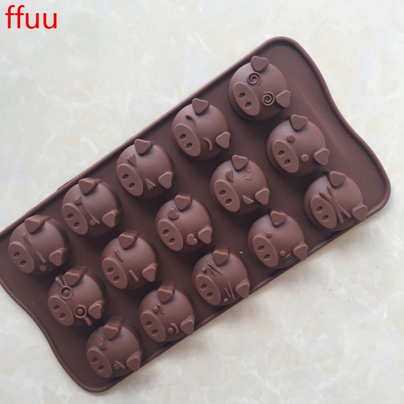 Khuôn silicone làm bánh/ sô cô la/ pudding/ nướng/ xà phòng 15 ngăn hình chú heo đáng yêu