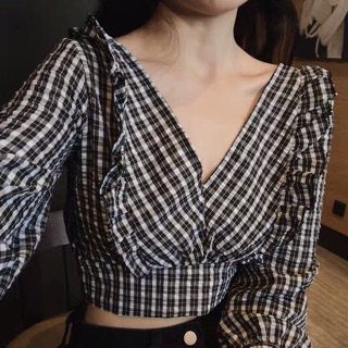 [order] áo sơ mi croptop kẻ cổ V phối bèo