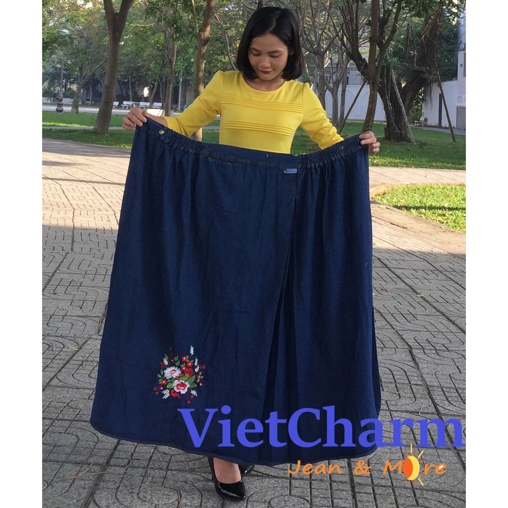 Váy chống nắng jean cao cấp thêu hoa nút bấm đồng bền đẹp che toàn thân Vietcharm Thiên Nga Hoa My