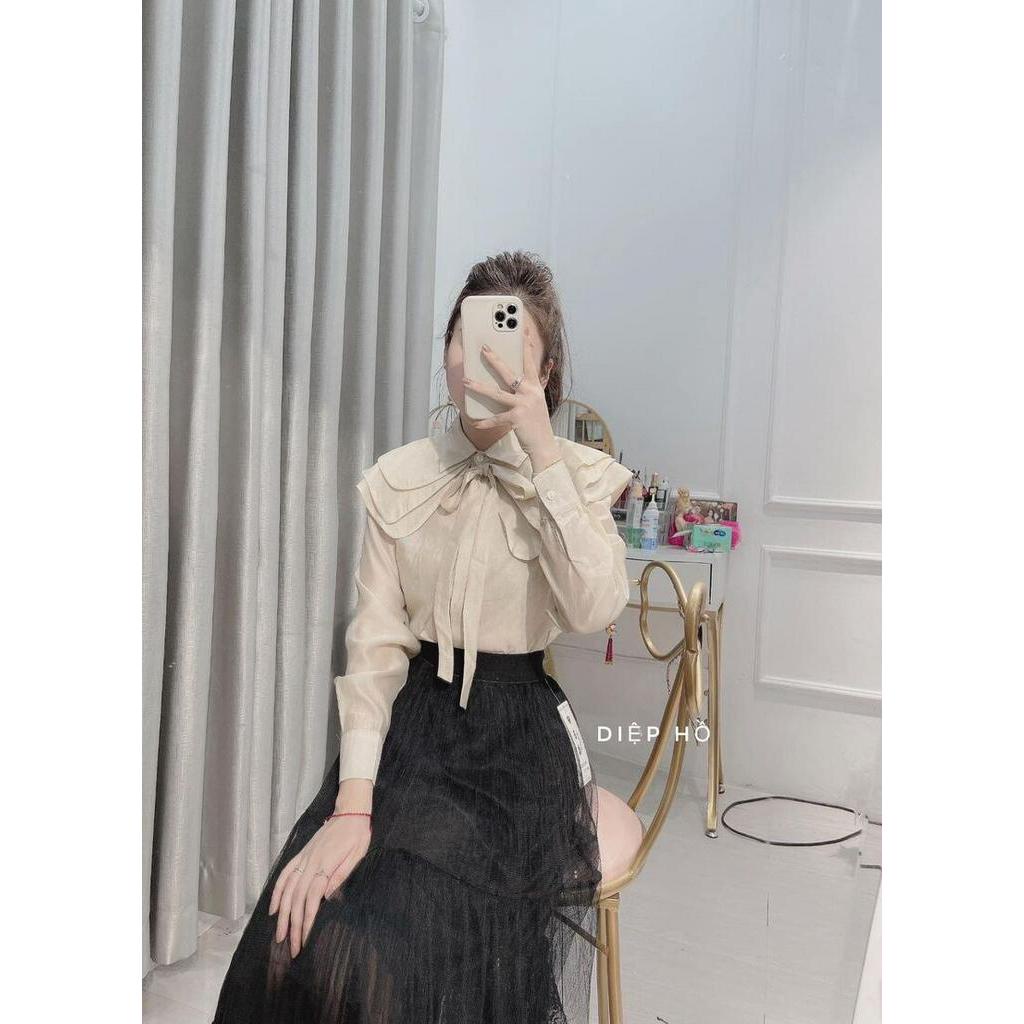 Áo sơ mi cổ đức bèo vai tầng nơ ngực