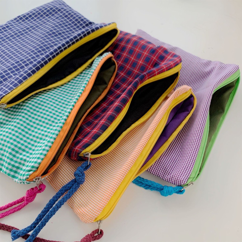 Túi Đựng Đồ Trang Điểm Bằng Cotton Kẻ Sọc Có Khóa Kéo Đa Năng Thời Trang Cho Nữ