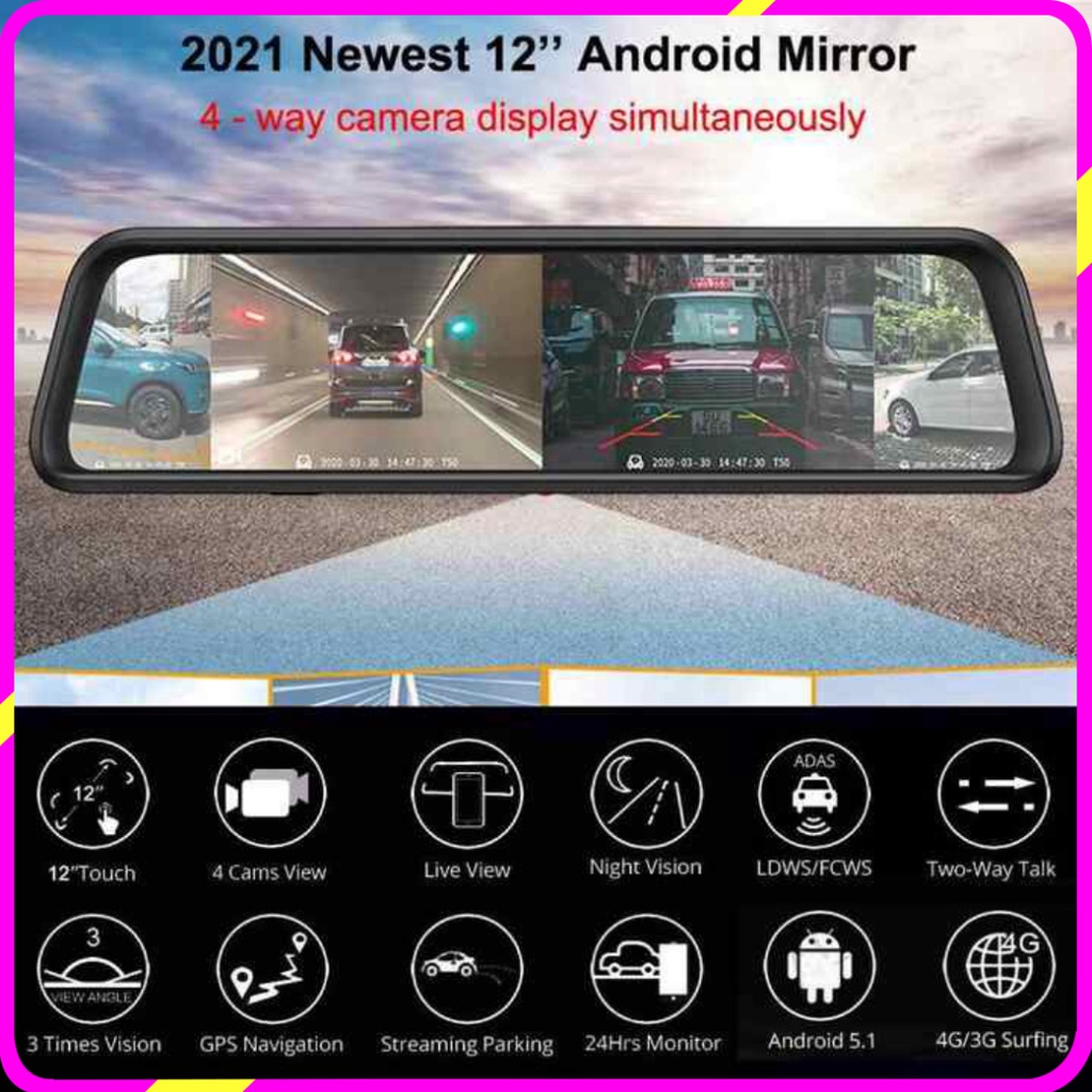 Camera hành trình 360 độ gắn gương xe ô tô Whexune K960, Ram 2GB, Rom 32GB, màn hình 12 inch