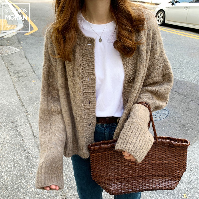 (ORDER) Áo khoác len cardigan MORAN vặn thừng dày dặn cổ tròn vintage kiểu Pháp - Có ảnh thật