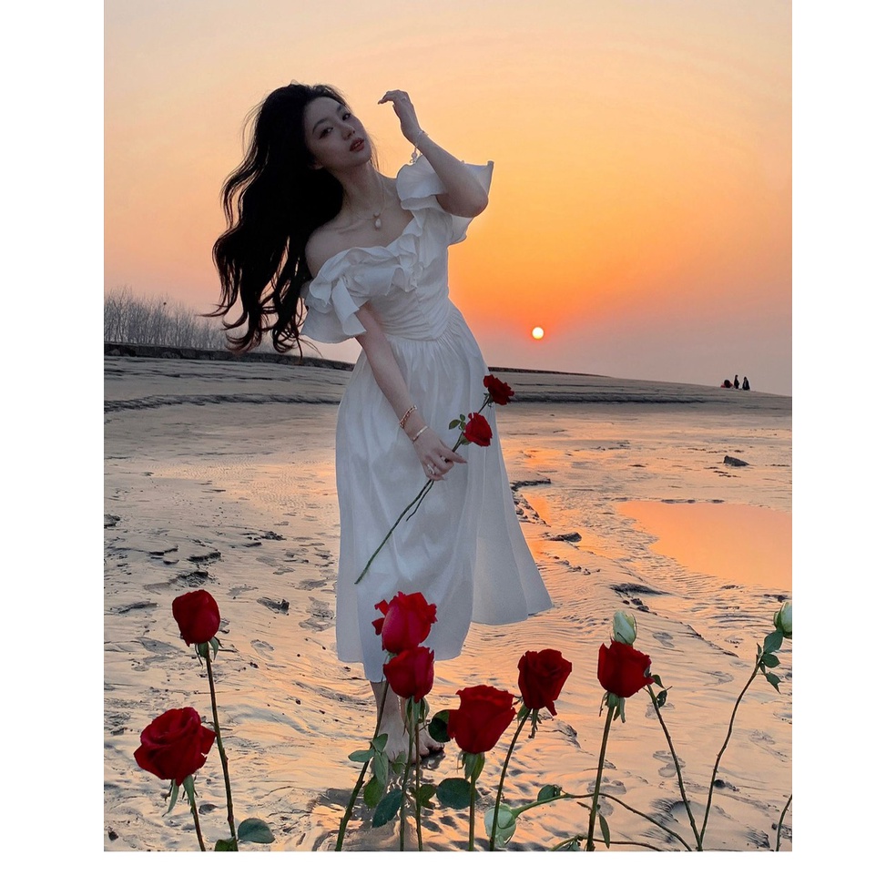 ĐẦM MIDI TRẮNG BẸT VAI NHÚN BÈO NHÍU NGỰC