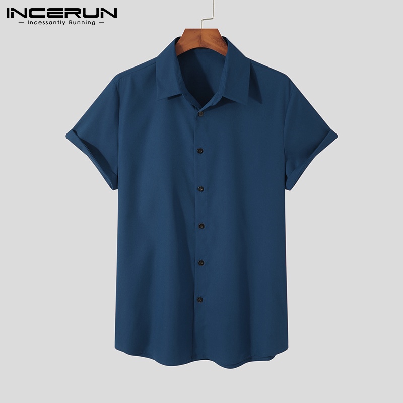 Áo sơ mi INCERUN tay ngắn màu trơn tùy chọn thiết kế đơn giản thời trang cho nam