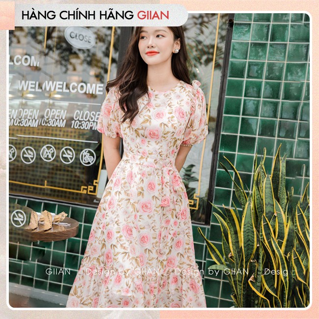 Váy voan hoạ tiết hoa hồng cổ điển Giian kèm nơ eo V2158