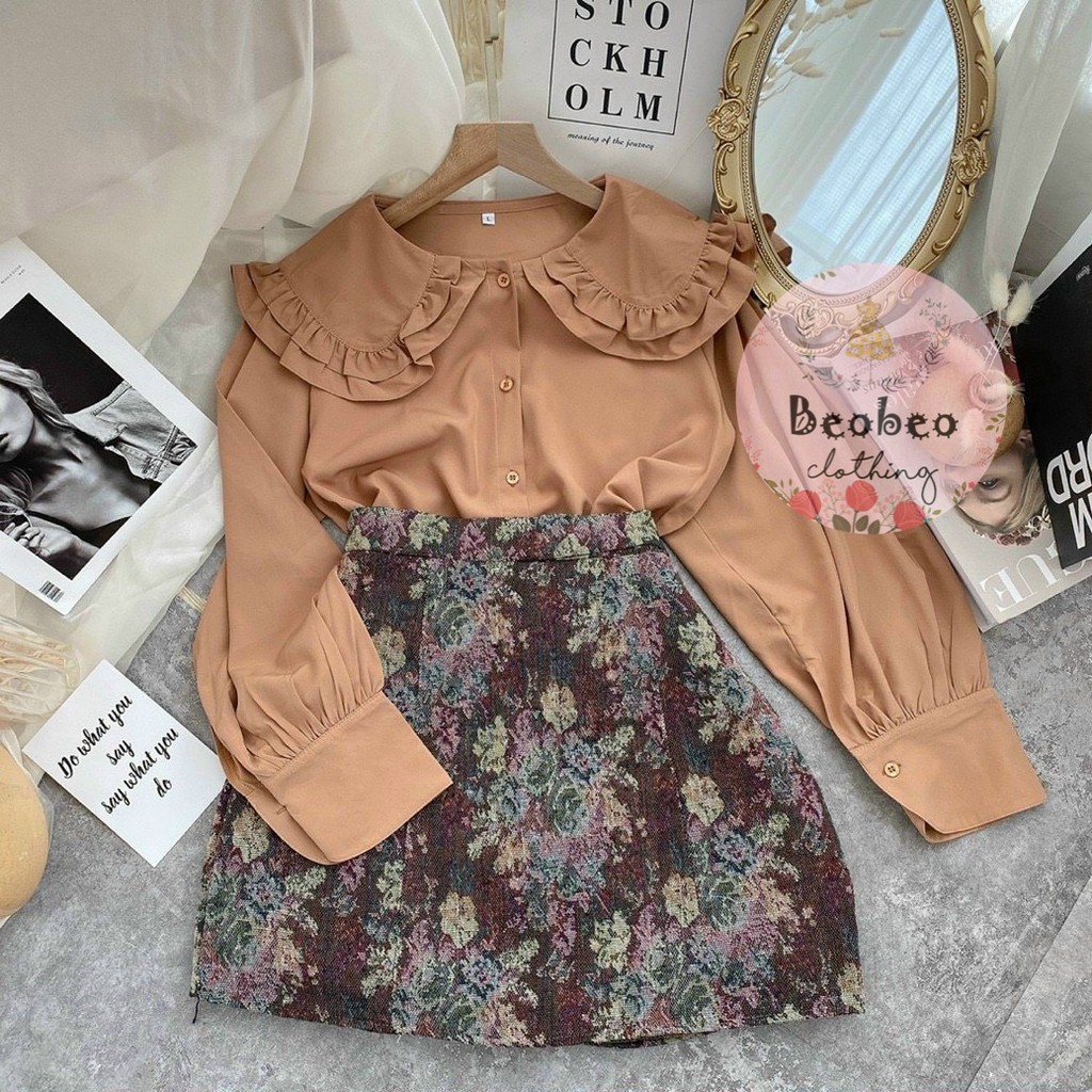 Set áo cổ sen tay phồng kèm chân váy hoa chữ A vintage