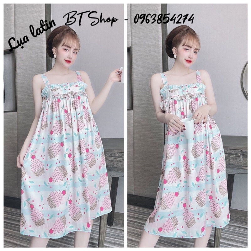 Váy đầm ngủ mặc nhà lụa latin hoạ tiết 2 dây fresize 42-57kg