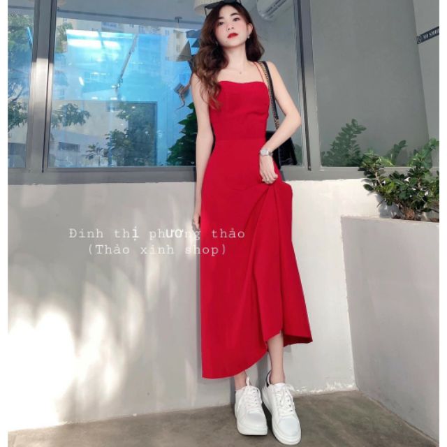 Đầm Xoè Nữ/ Váy Maxi Đan Lưng Màu Đỏ Dáng Dài Sẵn Mút Ngực Đi Biển Dạo Phố Cực Xinh