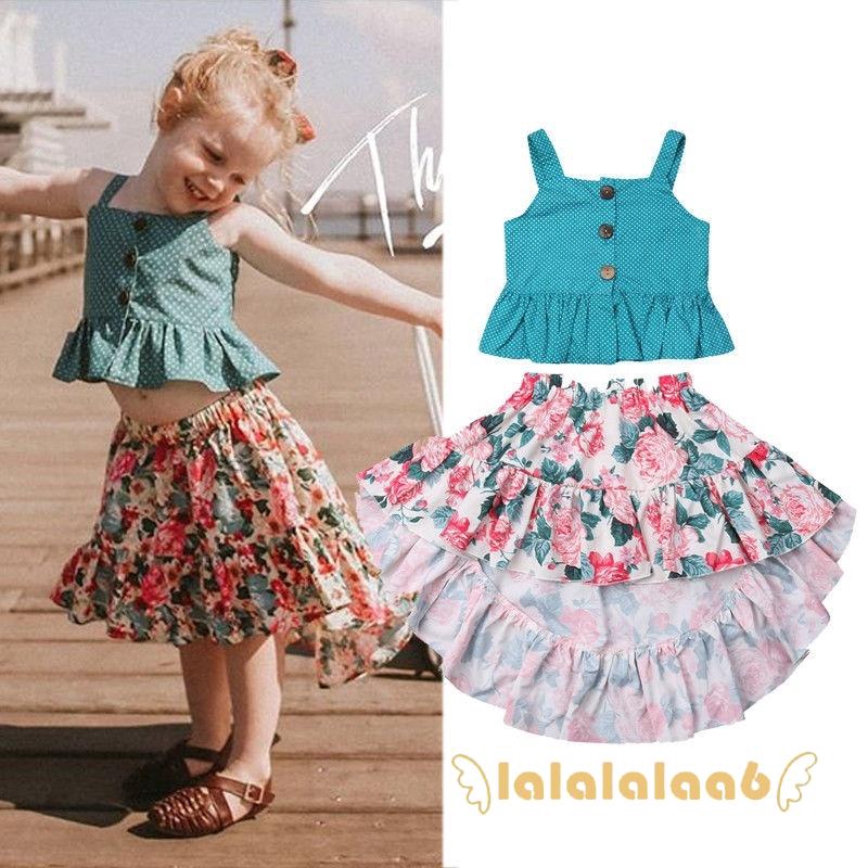 Set áo hai dây lửng và chân váy họa tiết hoa xinh xắn cho bé gái