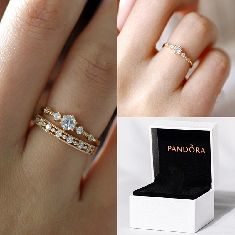 Bộ 2 Nhẫn Pandora Mạ Vàng 14K Đính Đá Sang Trọng