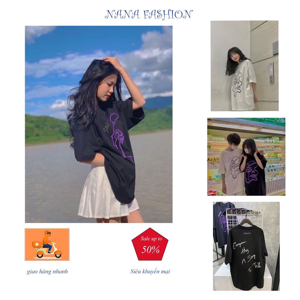 AT090 - Áo thun nữ nam tay ngắn (tay lỡ) unisex SAD STORY Trắng - Đen phong cách trẻ trung, tươi tắn, kiểu dáng Hàn Quốc